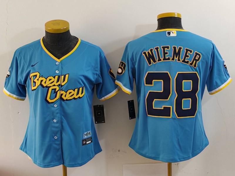 Women's Milwaukee Brewers #28 Joey Wiemer Powder Blue City Connect Cool Base Stitched Jersey Women's Milwaukee Brewers #28 Joey Wiemer Powder Blue City Connect Cool Base Stitched Jersey