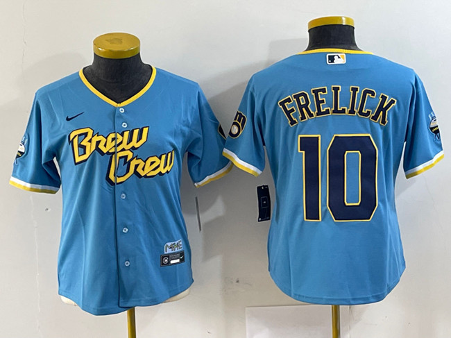 Women's Milwaukee Brewers #10 Sal Frelick Powder Blue City Connect Cool Base Stitched Jersey(Run Small) Women's Milwaukee Brewers #10 Sal Frelick Powder Blue City Connect Cool Base Stitched Jersey(Run Small)