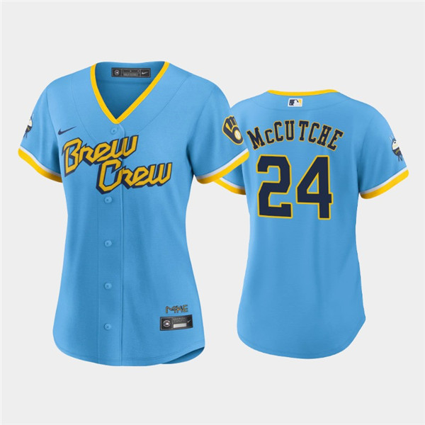 Women's Milwaukee Brewers #24 Andrew McCutchen 2022 Powder Blue City Connect Cool Base Stitched Jersey(Run Small) Women's Milwaukee Brewers #24 Andrew McCutchen 2022 Powder Blue City Connect Cool Base Stitched Jersey(Run Small)
