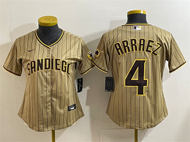Women's San Diego Padres #4 Luis Arraez Tan Stitched Baseball Jersey(Run Small) Women's San Diego Padres #4 Luis Arraez Tan Stitched Baseball Jersey(Run Small)
