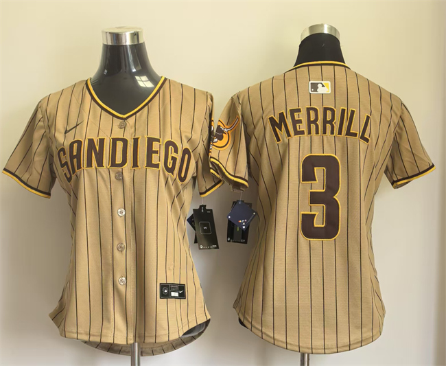 Women's San Diego Padres #3 Jackson Merrill Tan Alternate Stitched Baseball Jersey(Run Small) Women's San Diego Padres #3 Jackson Merrill Tan Alternate Stitched Baseball Jersey(Run Small)