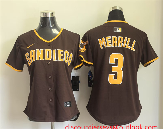 Women's San Diego Padres #3 Jackson Merrill Brown Away Stitched Baseball Jersey(Run Small) Women's San Diego Padres #3 Jackson Merrill Brown Away Stitched Baseball Jersey(Run Small)