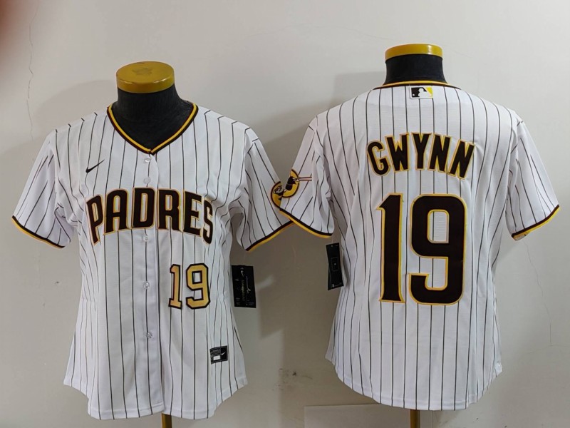 Women's San Diego Padres #19 19 Tony Gwynn White With PS Patch Cool Base Stitched Baseball Jersey 2 Women's San Diego Padres #19 19 Tony Gwynn White With PS Patch Cool Base Stitched Baseball Jersey 2