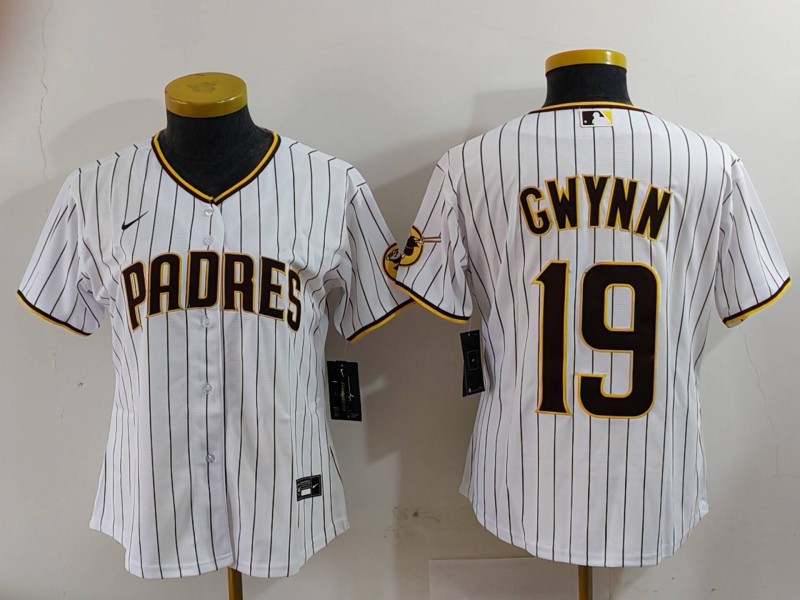 Women's San Diego Padres #19 19 Tony Gwynn White With PS Patch Cool Base Stitched Baseball Jersey Women's San Diego Padres #19 19 Tony Gwynn White With PS Patch Cool Base Stitched Baseball Jersey