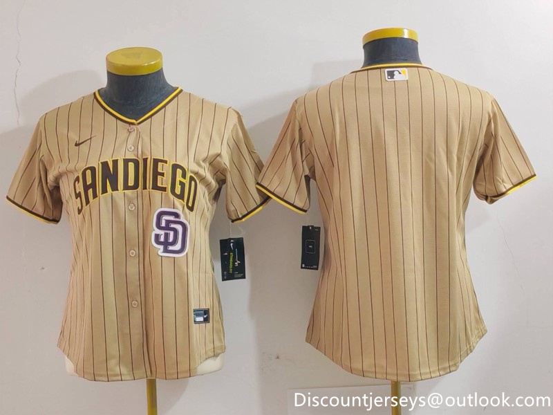 Women's San Diego Padres Tan Team Big Logo Stitched Baseball Jersey(Run Small) 3 Women's San Diego Padres Tan Team Big Logo Stitched Baseball Jersey(Run Small) 3