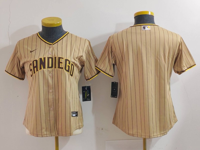 Women's San Diego Padres Tan Team Big Logo Stitched Baseball Jersey(Run Small) 2 Women's San Diego Padres Tan Team Big Logo Stitched Baseball Jersey(Run Small) 2