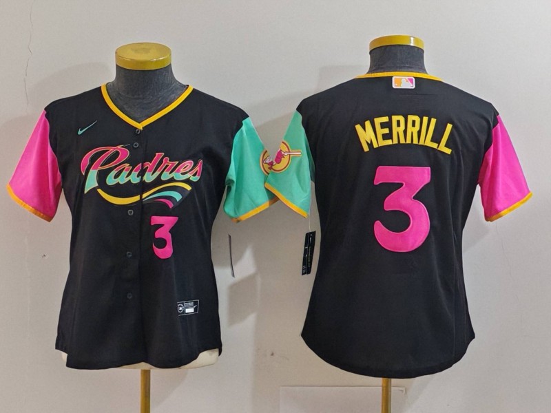 Women's San Diego Padres #3 Jackson Merrill Black City Connect Stitched Baseball Jersey(Run Small) 5 Women's San Diego Padres #3 Jackson Merrill Black City Connect Stitched Baseball Jersey(Run Small) 5