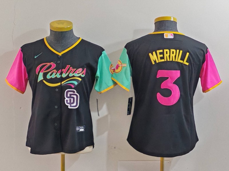 Women's San Diego Padres #3 Jackson Merrill Black City Connect Stitched Baseball Jersey(Run Small) 3 Women's San Diego Padres #3 Jackson Merrill Black City Connect Stitched Baseball Jersey(Run Small) 3
