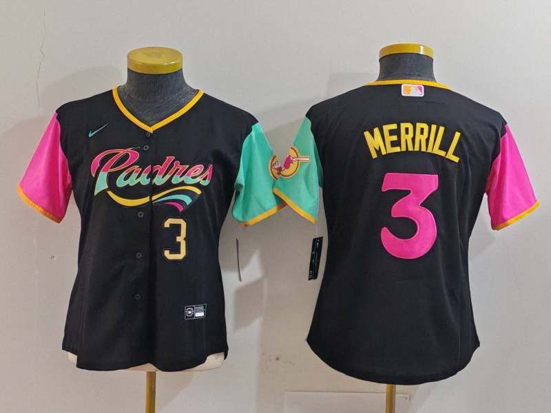 Women's San Diego Padres #3 Jackson Merrill Black City Connect Stitched Baseball Jersey(Run Small) 1 Women's San Diego Padres #3 Jackson Merrill Black City Connect Stitched Baseball Jersey(Run Small) 1