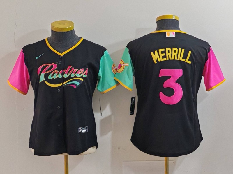 Women's San Diego Padres #3 Jackson Merrill Black City Connect Stitched Baseball Jersey(Run Small) Women's San Diego Padres #3 Jackson Merrill Black City Connect Stitched Baseball Jersey(Run Small)
