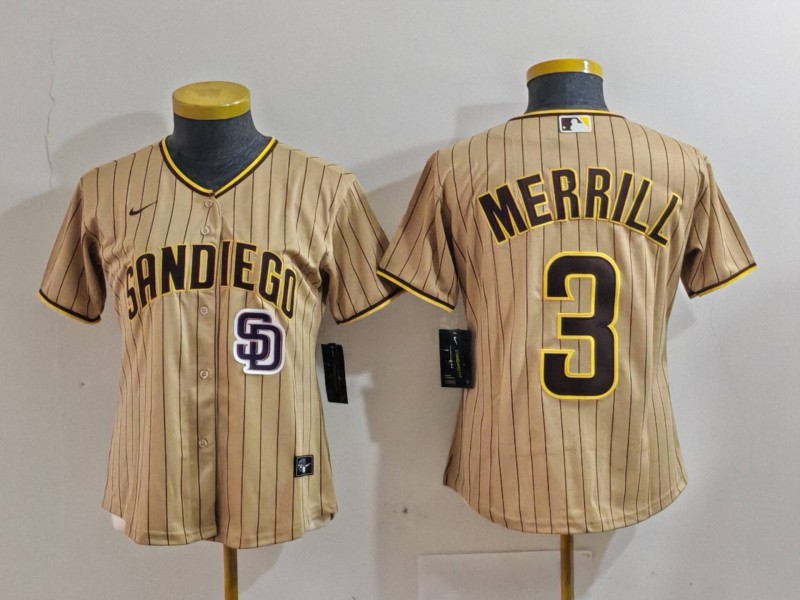 Women's San Diego Padres #3 Jackson Merrill Tan Stitched Baseball Jersey(Run Small) 1 Women's San Diego Padres #3 Jackson Merrill Tan Stitched Baseball Jersey(Run Small) 1