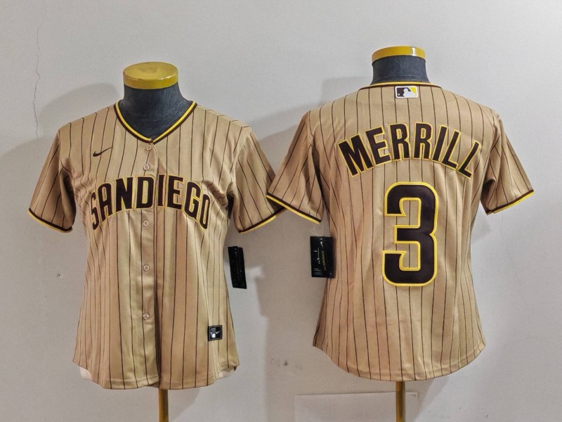 Women's San Diego Padres #3 Jackson Merrill Tan Stitched Baseball Jersey(Run Small) Women's San Diego Padres #3 Jackson Merrill Tan Stitched Baseball Jersey(Run Small)