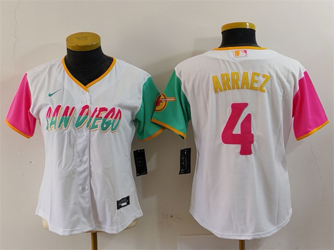 Women's San Diego Padres #4 Luis Arraez White City Connect Stitched Baseball Jersey(Run Small) Women's San Diego Padres #4 Luis Arraez White City Connect Stitched Baseball Jersey(Run Small)