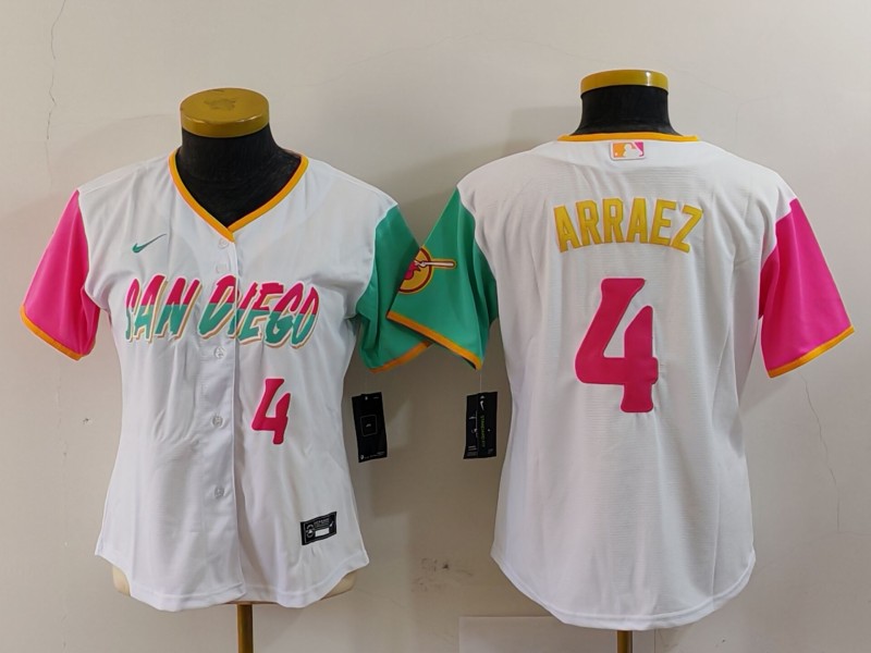 Women San Diego Padres #4 Luis Arraez White City Connect Stitched Baseball Jersey 2 Women San Diego Padres #4 Luis Arraez White City Connect Stitched Baseball Jersey 2