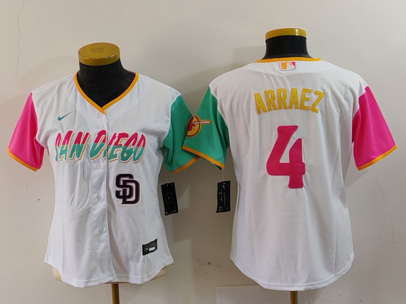 Women San Diego Padres #4 Luis Arraez White City Connect Stitched Baseball Jersey Women San Diego Padres #4 Luis Arraez White City Connect Stitched Baseball Jersey