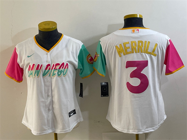 Women's San Diego Padres #3 Jackson Merrill White City Connect Stitched Baseball Jersey(Run Small) Women's San Diego Padres #3 Jackson Merrill White City Connect Stitched Baseball Jersey(Run Small)