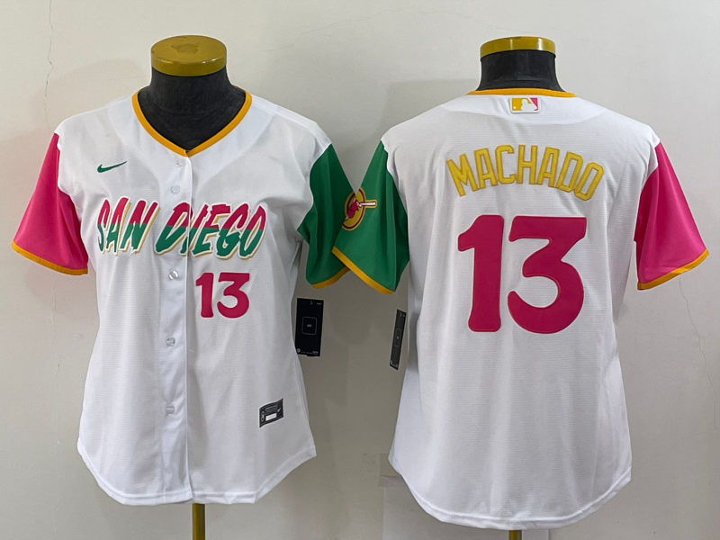 Women's San Diego Padres #13 Manny Machado 2022 White City Connect Cool Base Stitched Baseball Jersey(Run Small) Women's San Diego Padres #13 Manny Machado 2022 White City Connect Cool Base Stitched Baseball Jersey(Run Small)