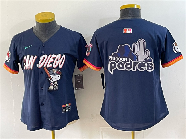 Women's San Diego Padres X Hello Kitty Team Big Logo Obsidian 2026 City Connect Stadium Stitched Baseball Jersey(Run Small) 001