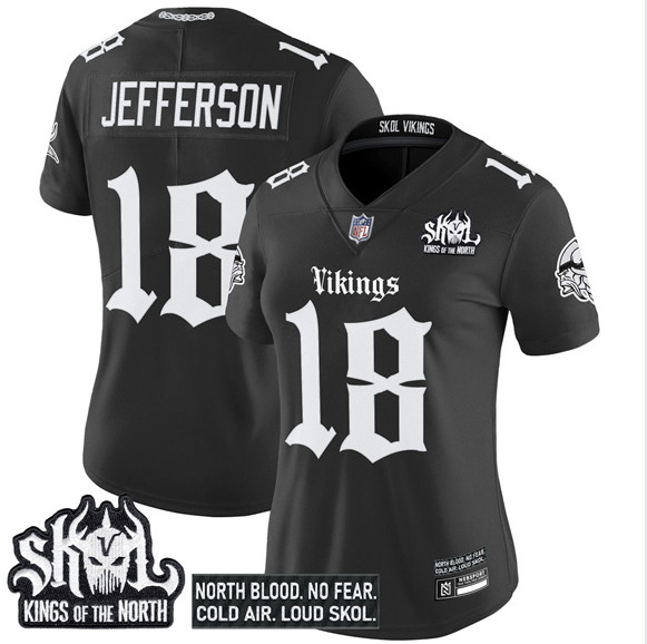 Women's Minnesota Vikings #18 Justin Jefferson Black 2025 Kings of the North Patch Gothic Norseblood Edition Vapor Untouchable Limited Stitched Football Jersey(Run Small) Women's Minnesota Vikings #18 Justin Jefferson Black 2025 Kings of the North Patch Gothic Norseblood Edition Vapor Untouchable Limited Stitched Football Jersey(Run Small)