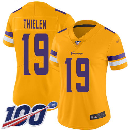 Vikings #19 Adam Thielen Gold Women's Stitched Football Limited Inverted Legend 100th Season Jersey Vikings #19 Adam Thielen Gold Women's Stitched Football Limited Inverted Legend 100th Season Jersey