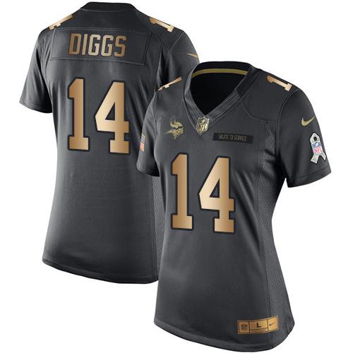 Nike Vikings #14 Stefon Diggs Black Women's Stitched NFL Limited Gold Salute to Service Jersey