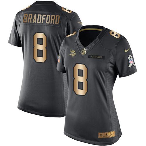 Nike Vikings #8 Sam Bradford Black Women's Stitched NFL Limited Gold Salute to Service Jersey Nike Vikings #8 Sam Bradford Black Women's Stitched NFL Limited Gold Salute to Service Jersey