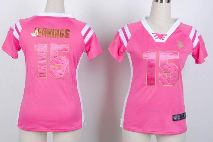 NEW Minnesota Vikings Jennings 15 Women Draft Him Shimmer V-Neck T-Shirt - Pink NEW Minnesota Vikings Jennings 15 Women Draft Him Shimmer V-Neck T-Shirt - Pink
