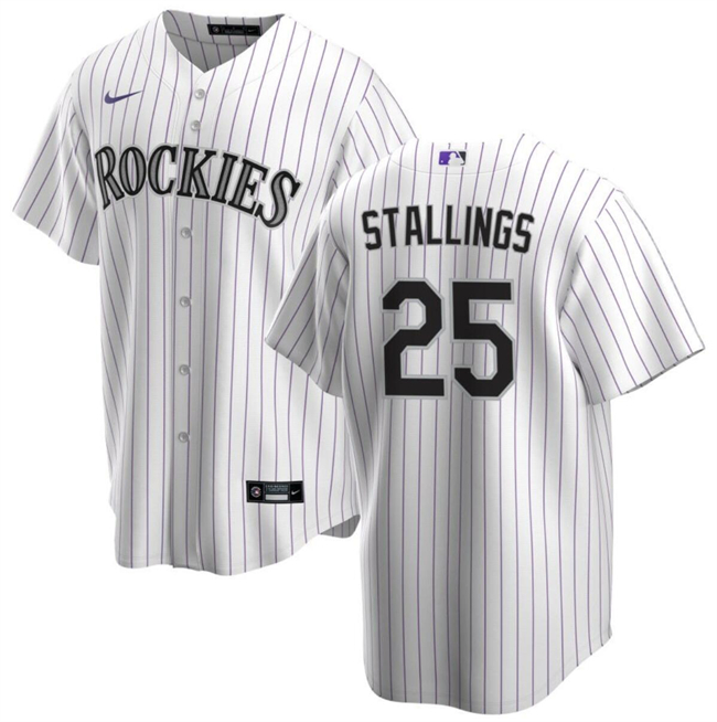 Men's Colorado Rockies #25 Jacob Stallings White Cool Base Stitched Baseball Jersey Men's Colorado Rockies #25 Jacob Stallings White Cool Base Stitched Baseball Jersey