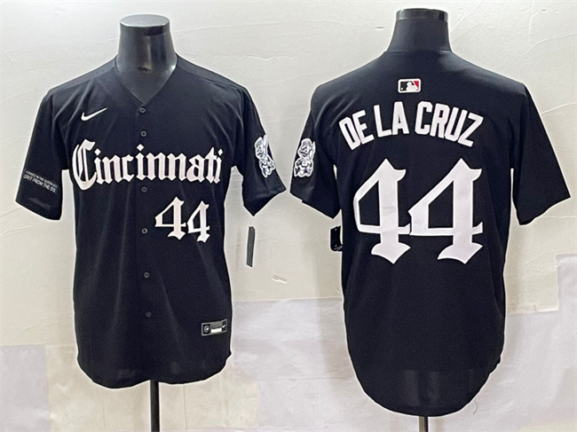 Men's Cincinnati Reds #44 Elly De La Cruz Black 'Gothic Queen City Edition' Vapor Premier Limited Stitched Baseball Jersey Men's Cincinnati Reds #44 Elly De La Cruz Black 'Gothic Queen City Edition' Vapor Premier Limited Stitched Baseball Jersey