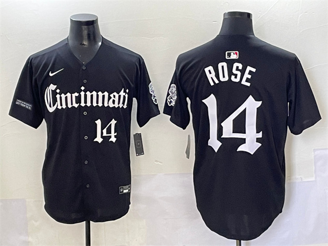 Men's Cincinnati Reds #14 Pete Rose Black 'Gothic Queen City Edition' Vapor Premier Limited Stitched Baseball Jersey Men's Cincinnati Reds #14 Pete Rose Black 'Gothic Queen City Edition' Vapor Premier Limited Stitched Baseball Jersey