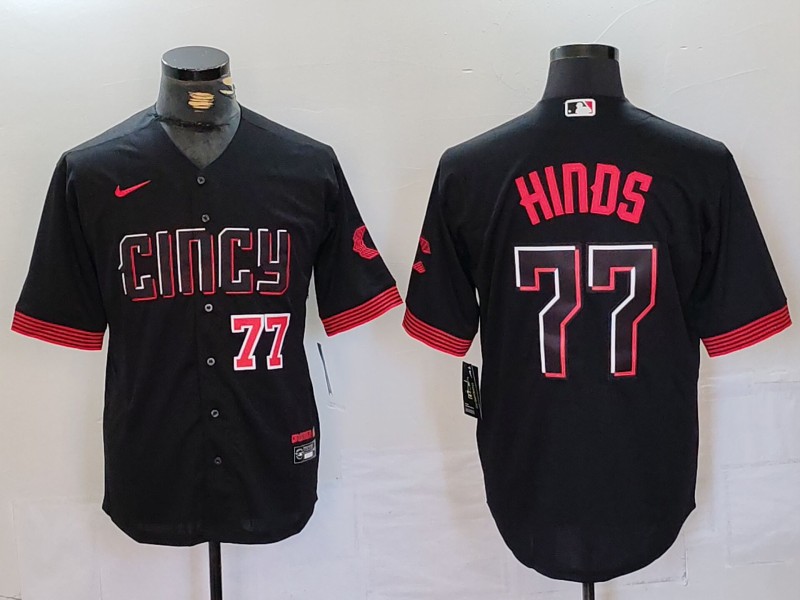 Men's Cincinnati Reds #77 Rece Hinds Black 2023 City Connect Stitched Baseball Jersey 4 Men's Cincinnati Reds #77 Rece Hinds Black 2023 City Connect Stitched Baseball Jersey 4