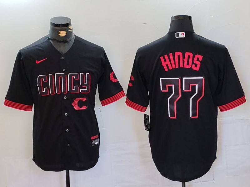Men's Cincinnati Reds #77 Rece Hinds Black 2023 City Connect Stitched Baseball Jersey 3 Men's Cincinnati Reds #77 Rece Hinds Black 2023 City Connect Stitched Baseball Jersey 3