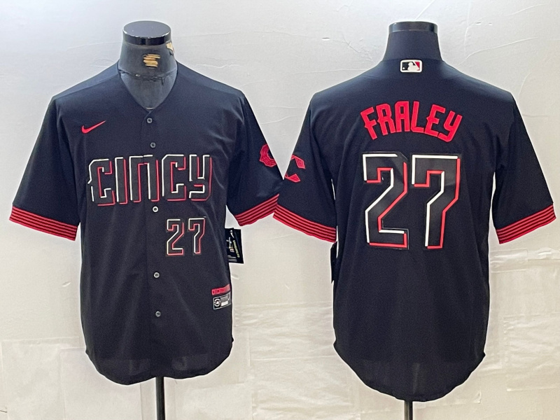 Men's Cincinnati Reds #27 Jake Fraley Black 2023 City Connect Cool Base Stitched Baseball Jersey 3 Men's Cincinnati Reds #27 Jake Fraley Black 2023 City Connect Cool Base Stitched Baseball Jersey 3