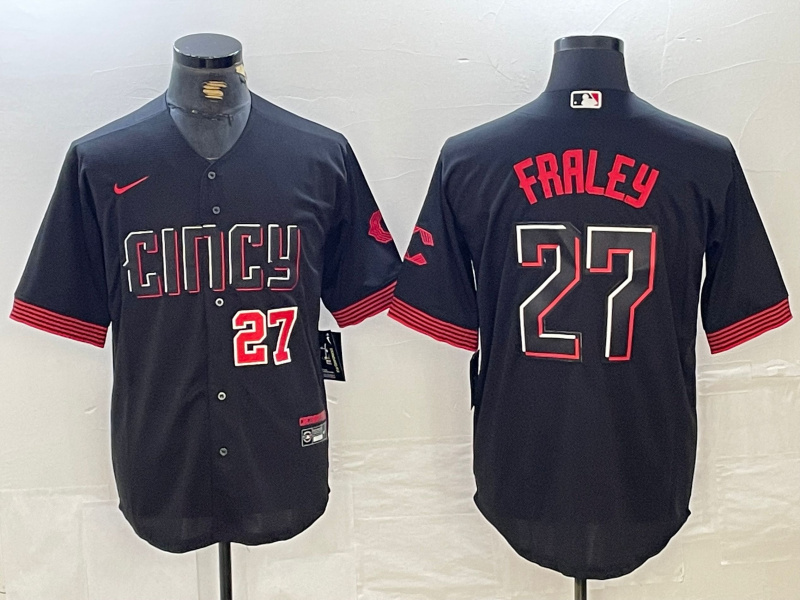 Men's Cincinnati Reds #27 Jake Fraley Black 2023 City Connect Cool Base Stitched Baseball Jersey 1 Men's Cincinnati Reds #27 Jake Fraley Black 2023 City Connect Cool Base Stitched Baseball Jersey 1