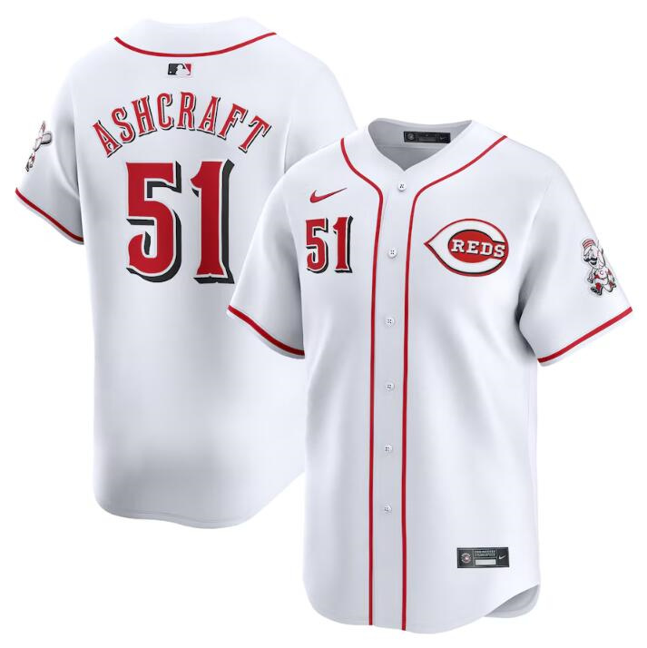 Men's Cincinnati Reds #51 Graham Ashcraft White Home Limited Stitched Baseball Jersey Men's Cincinnati Reds #51 Graham Ashcraft White Home Limited Stitched Baseball Jersey