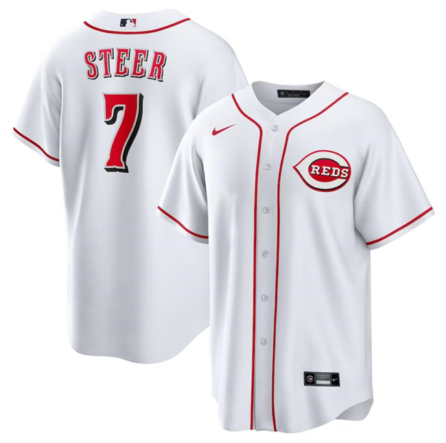 Men's Cincinnati Reds #7 Spencer Steer White Cool Base Stitched Baseball Jersey Men's Cincinnati Reds #7 Spencer Steer White Cool Base Stitched Baseball Jersey