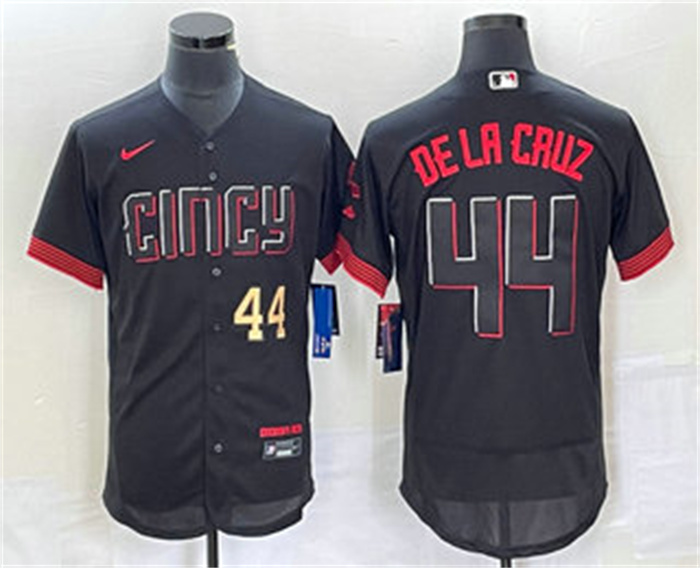 Men's Cincinnati Reds #44 Elly De La Cruz Number Black 2023 City Connect Flex Base Stitched Baseball Jersey2 Men's Cincinnati Reds #44 Elly De La Cruz Number Black 2023 City Connect Flex Base Stitched Baseball Jersey2