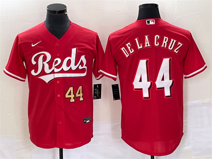 Men's Cincinnati Reds #44 Elly De La Cruz Number Red Cool Base Stitched Baseball Jersey Men's Cincinnati Reds #44 Elly De La Cruz Number Red Cool Base Stitched Baseball Jersey
