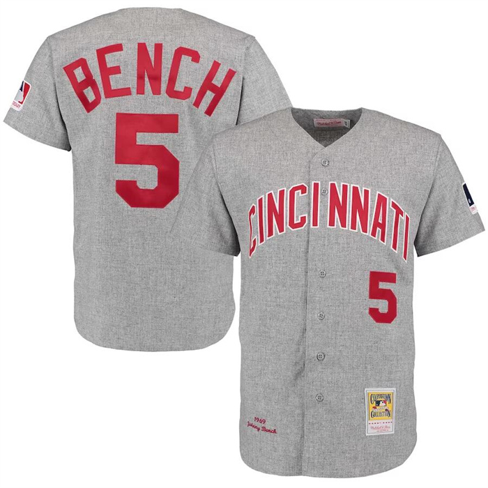 Men's Cincinnati Reds #5 Johnny Bench Mitchell & Ness Gray 1969 Throwback Jersey Men's Cincinnati Reds #5 Johnny Bench Mitchell & Ness Gray 1969 Throwback Jersey