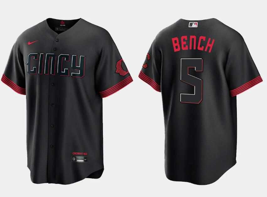 Men's Cincinnati Reds #5 Johnny Bench Black 2023 City Connect Cool Base Stitched Baseball Jersey Men's Cincinnati Reds #5 Johnny Bench Black 2023 City Connect Cool Base Stitched Baseball Jersey