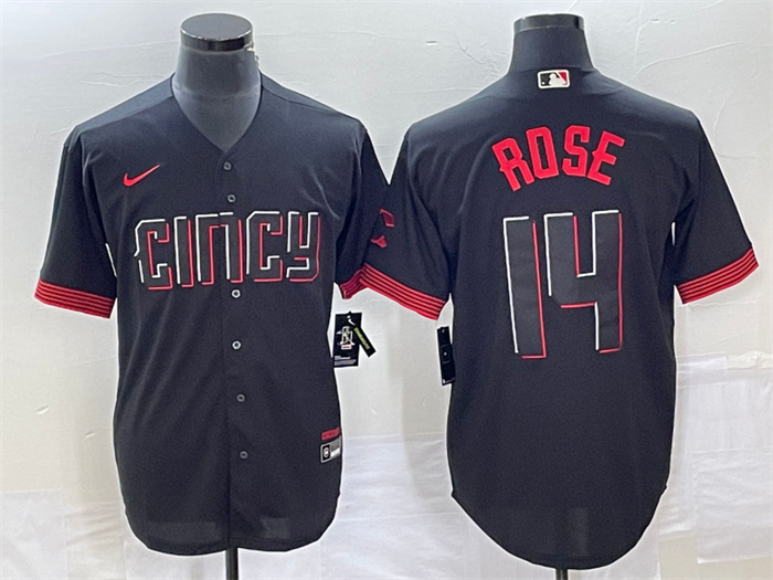 Men's Cincinnati Reds #14 Pete Rose Black 2023 City Connect Cool Base Stitched Baseball Jersey Men's Cincinnati Reds #14 Pete Rose Black 2023 City Connect Cool Base Stitched Baseball Jersey