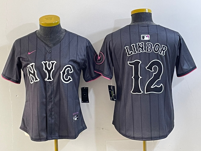 Women's New York Mets #12 Francisco Lindor Graphite 2024 City Connect Limited Stitched Baseball Jersey(Run Small) 19 Women's New York Mets #12 Francisco Lindor Graphite 2024 City Connect Limited Stitched Baseball Jersey(Run Small) 19