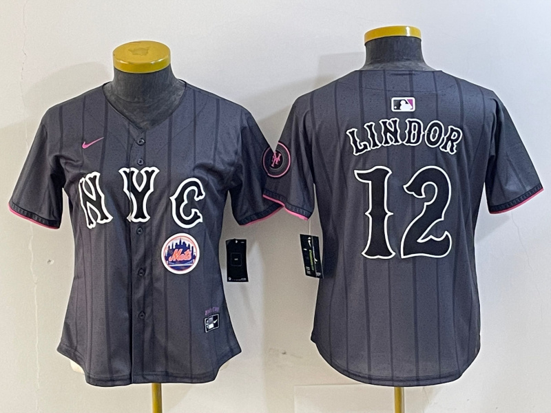 Women's New York Mets #12 Francisco Lindor Graphite 2024 City Connect Limited Stitched Baseball Jersey Women's New York Mets #12 Francisco Lindor Graphite 2024 City Connect Limited Stitched Baseball Jersey
