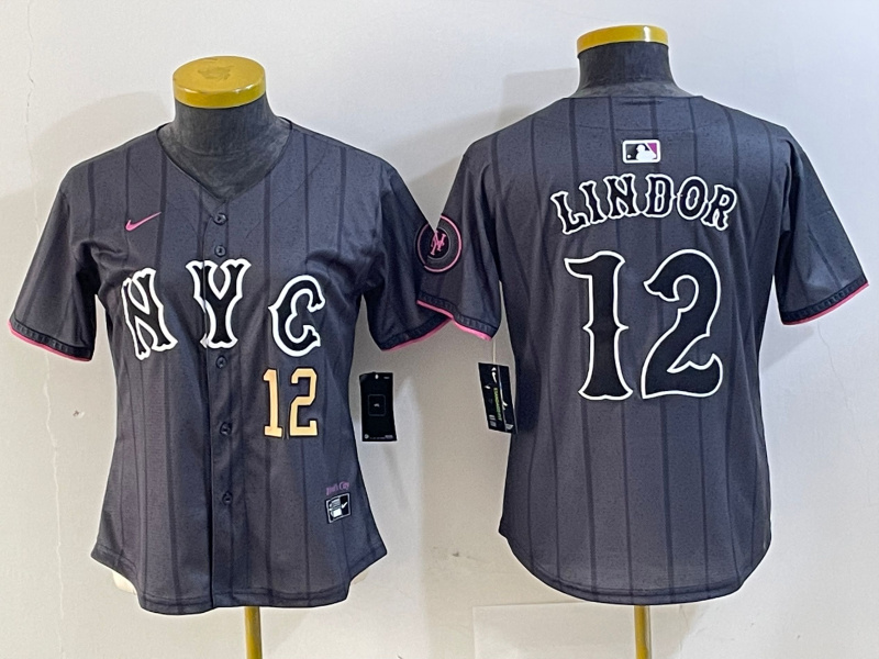 Women New York Mets #12 Francisco Lindor Graphite 2024 City Connect Limited Stitched Baseball Jersey 8 Women New York Mets #12 Francisco Lindor Graphite 2024 City Connect Limited Stitched Baseball Jersey 8
