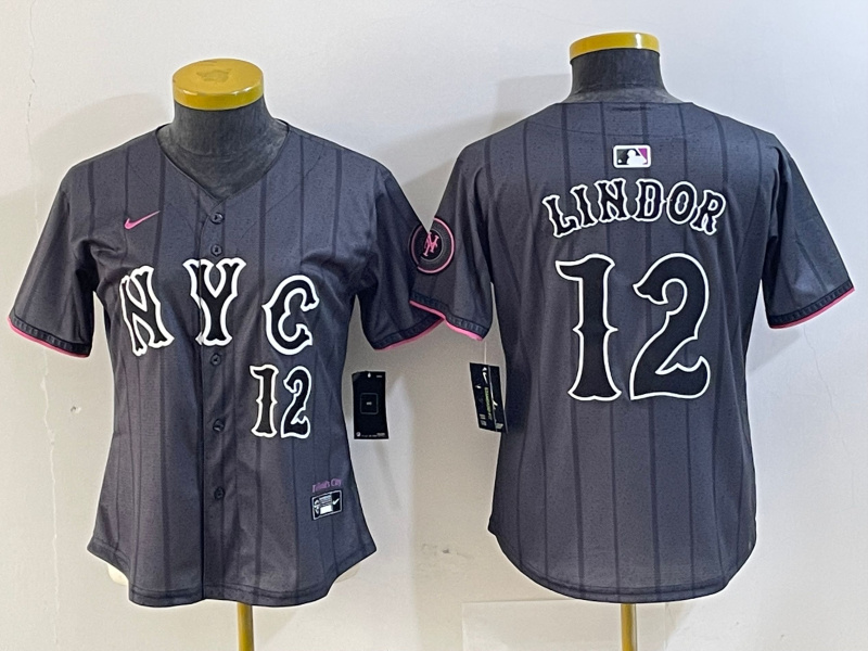 Women New York Mets #12 Francisco Lindor Graphite 2024 City Connect Limited Stitched Baseball Jersey 2 Women New York Mets #12 Francisco Lindor Graphite 2024 City Connect Limited Stitched Baseball Jersey 2