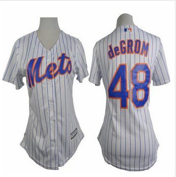 Women Mets #48 Jacob deGrom White(Blue Strip) Home Stitched Baseball jersey Women Mets #48 Jacob deGrom White(Blue Strip) Home Stitched Baseball jersey