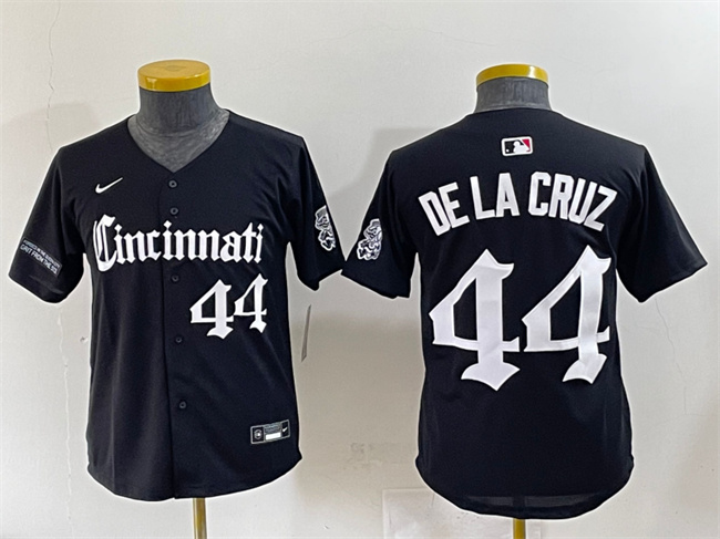 Youth Cincinnati Reds #44 Elly De La Cruz Black 'Gothic Queen City Edition' Vapor Premier Limited Stitched Baseball Jersey Youth Cincinnati Reds #44 Elly De La Cruz Black 'Gothic Queen City Edition' Vapor Premier Limited Stitched Baseball Jersey