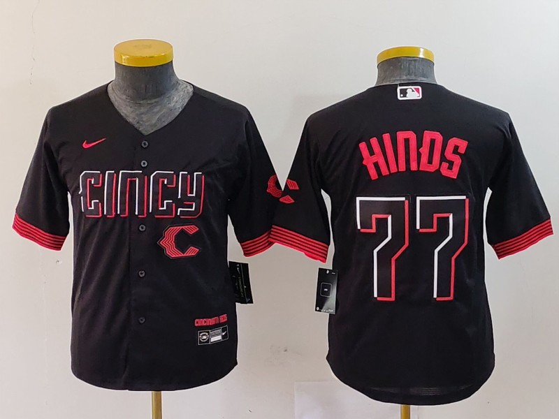 Youth Cincinnati Reds #77 Rece Hinds Black 2023 City Connect Stitched Baseball Jersey 6 Youth Cincinnati Reds #77 Rece Hinds Black 2023 City Connect Stitched Baseball Jersey 6