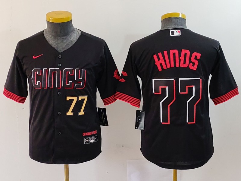 Youth Cincinnati Reds #77 Rece Hinds Black 2023 City Connect Stitched Baseball Jersey 1 Youth Cincinnati Reds #77 Rece Hinds Black 2023 City Connect Stitched Baseball Jersey 1