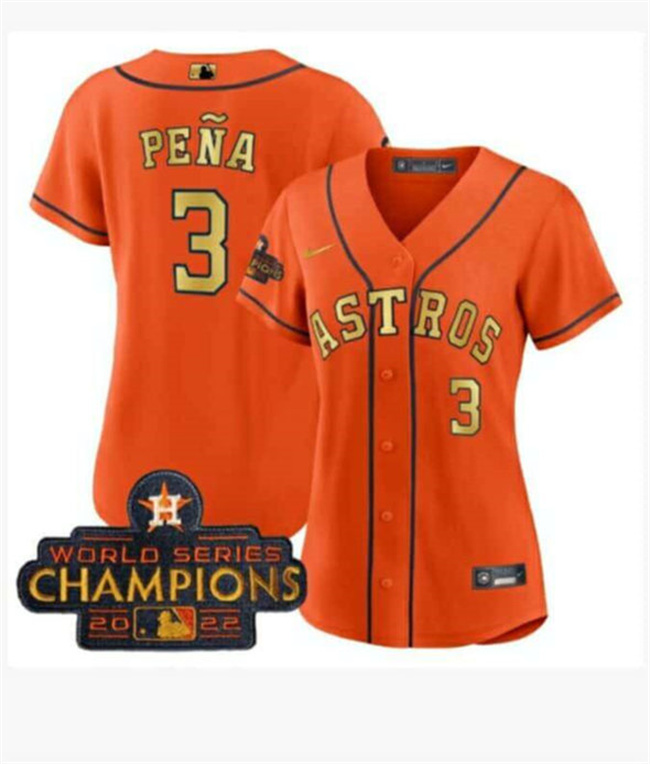 Women's Houston Astros #3 Jeremy Pe?a Orange Gold 2022 World Series Champions Stitched Baseball Jersey(Run Small) Women's Houston Astros #3 Jeremy Pe?a Orange Gold 2022 World Series Champions Stitched Baseball Jersey(Run Small)